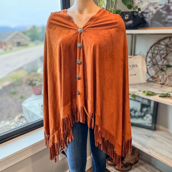 Ver'e'ne, Super Soft Western Brown Poncho w/ Fringe and Decorative Buttons, OSFA - Picture 1 of 11